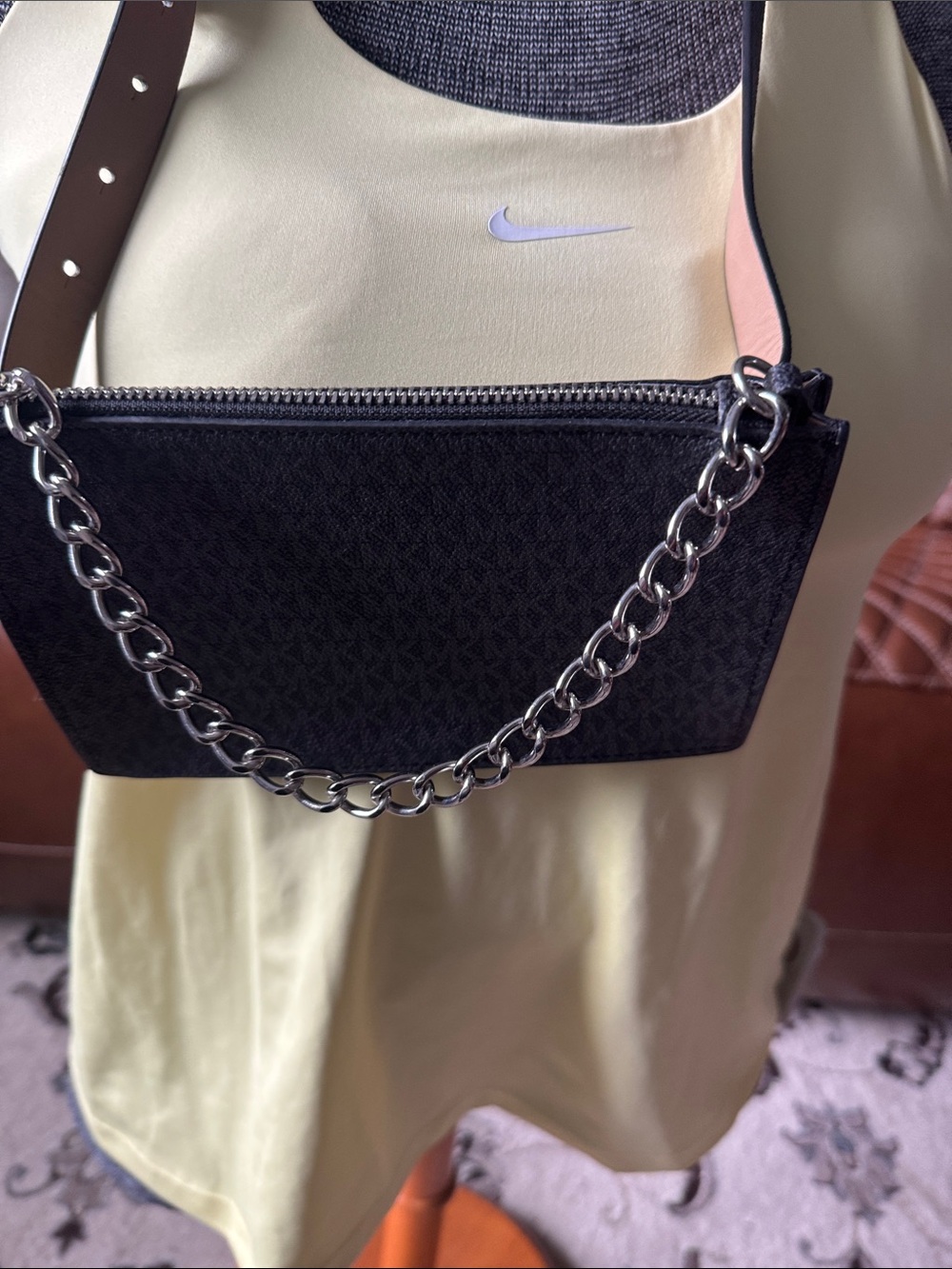 Michael Kors Black Logo-Print Crossbody Bag with Silver Chain